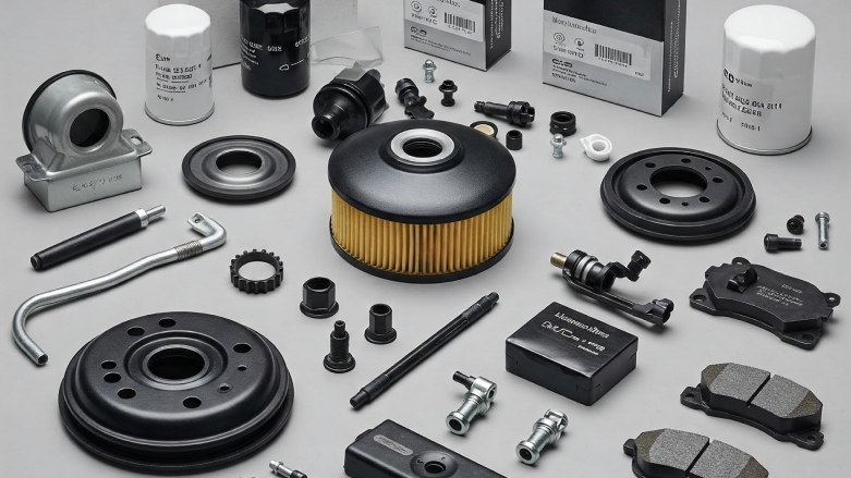 Varios repuestos originales para autos Mercedes-Benz dispuestos en una mesa.