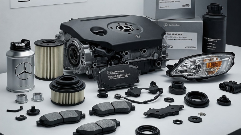 <p>Repuestos originales Mercedes-Benz dispuestos en una mesa.</p>
